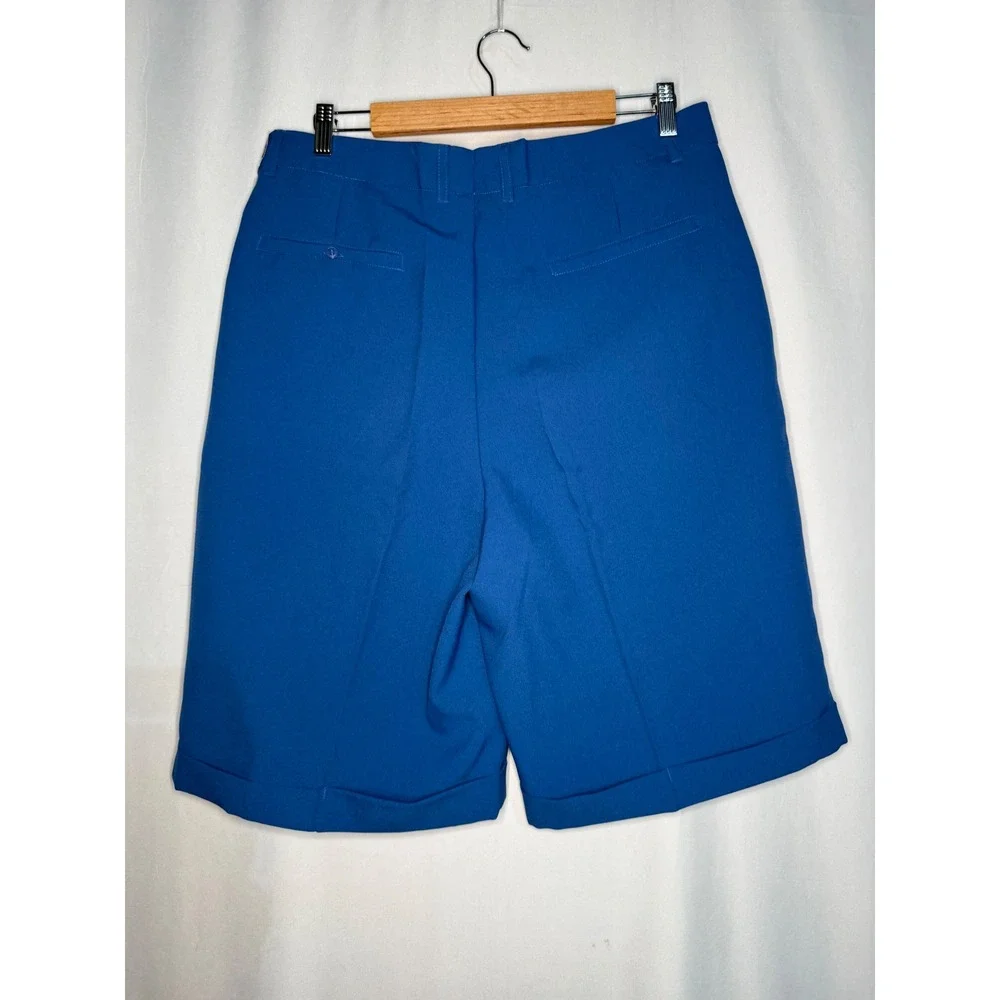Vintage Style Mens Royal Blue Pleated Cuffed Dress Shorts Size 36 Polyester